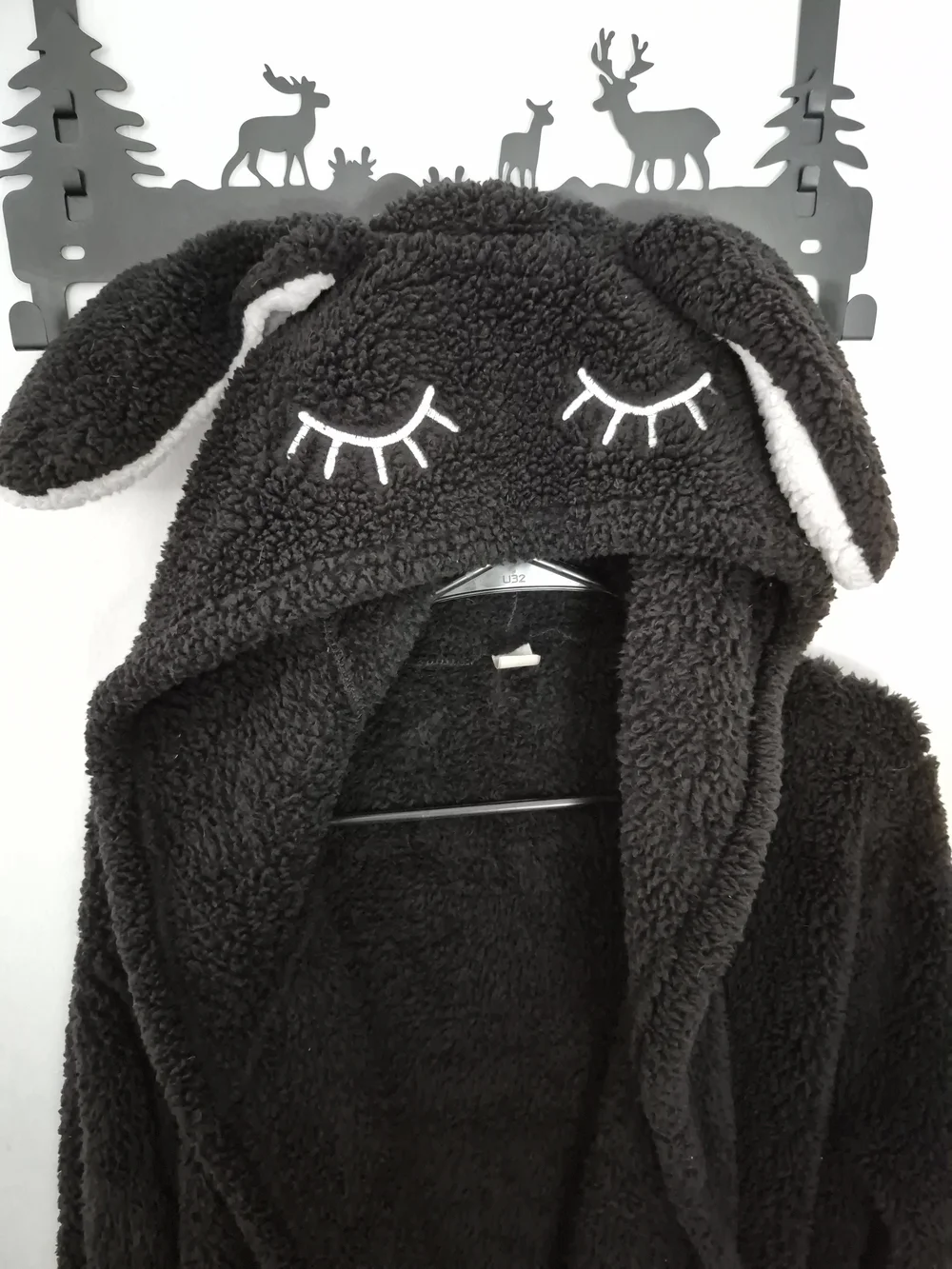 Cozy Black Plush Hooded Bathrobe with Ears
